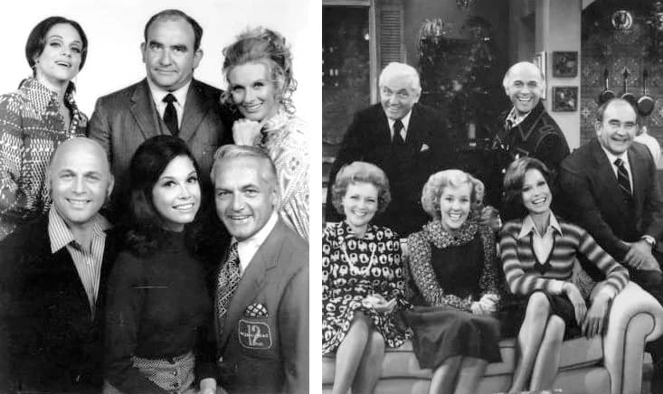 Cloris Leachman - Publicity photo of the cast of The Mary Tyler Moore Show picturing cast members from its first program in 1970 to its last in 1977. Photo left is the 1970 cast: From left: Top: Valer