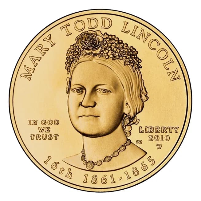 Mary Todd Lincoln - First Spouse Program gold coin for Mary Todd Lincoln. Obverse.