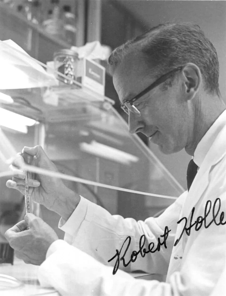 Robert W. Holley - Creator/Photographer: Unidentified photographer
Medium: Black and white photographic print
Dimensions: 10.6 cm x 8.2 cm
Date: Prior to 1993
Collection: Scientific Identity: Portrait