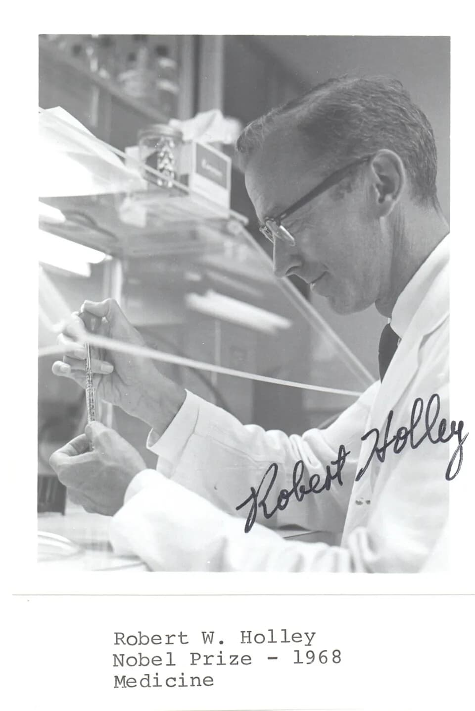 Robert W. Holley - Creator/Photographer: Unidentified photographer
Medium: Black and white photographic print
Dimensions: 10.6 cm x 8.2 cm
Date: Prior to 1993
Collection: Scientific Identity: Portrait