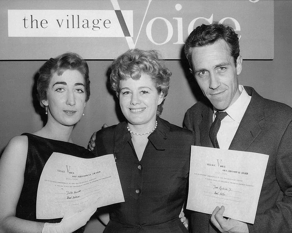 Jason Robards - Photo of Julie Bovasso, Shelly Winters and Jason Robards receiving Obie Awards from the Village Voice in 1956.