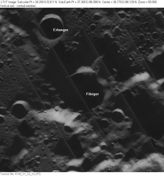 Joseph Erlanger - Image of moon craters Erlanger and Fibiger from Lunar Orbiter data (frame LO-IV-140H)