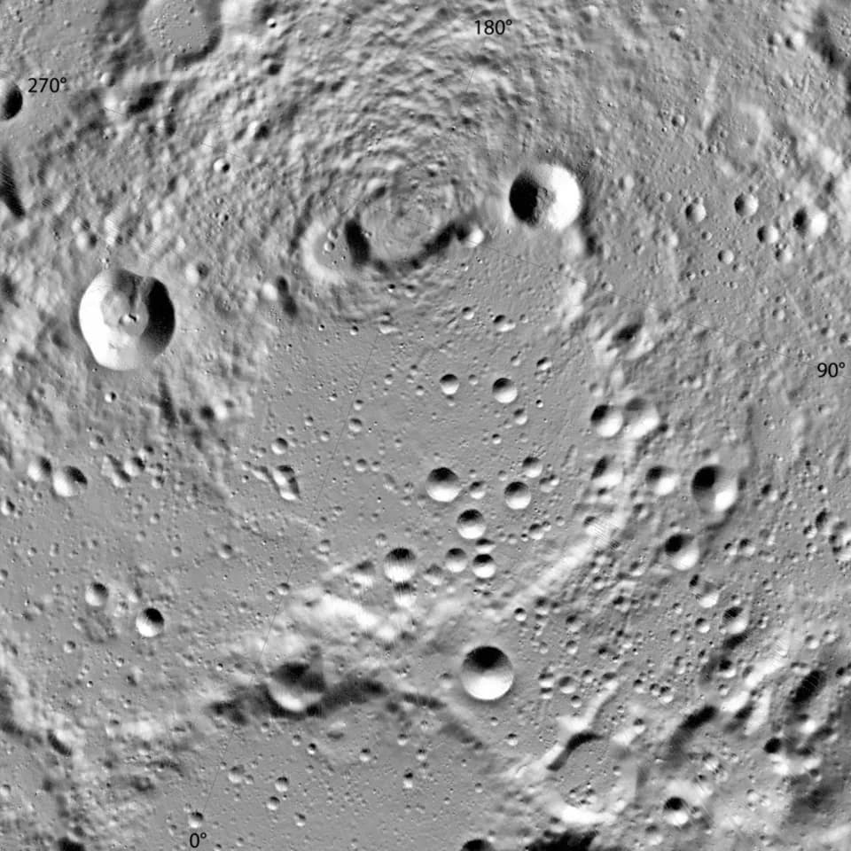 Joseph Erlanger - Crater Peary (diam. 80 km) on the Moon, near the North pole. Several smaller craters around also have proper names. The image is centered at 89°N, 22°E. The image is build from data 