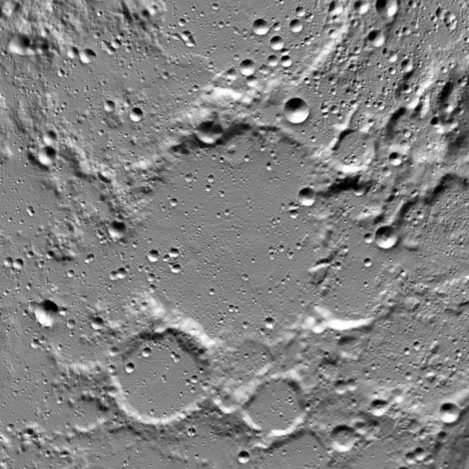 Joseph Erlanger - Crater Byrd (diam. 97 km) on the Moon, near the North pole. Smaller crater Gioja borders it at lower left and eroded crater Florey — at upper left. The image is centered at 85°N, 10°