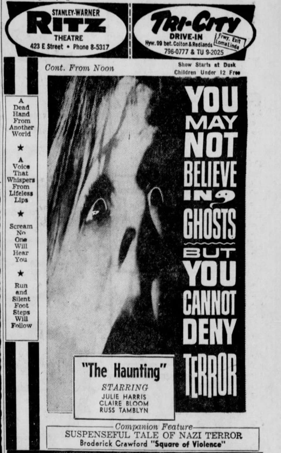 Robert Wise - Ritz Theatre and Tri-City Drive-In advertisement for the horror film The Haunting (1963). From the 18 September 1963 San Bernardino Sun.