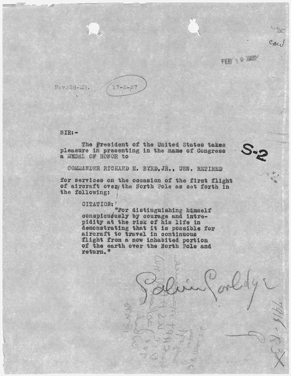 Richard E. Byrd - General notes:  Possible original Calvin Coolidge signature.