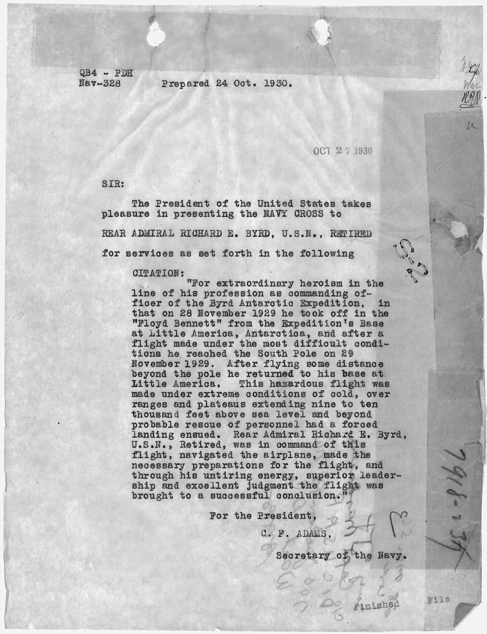 Richard E. Byrd - Citation for the award of the Navy Cross to Rear Admiral Richard E. Byrd for his heroism in making the first flight... - NARA - 299695.jpg