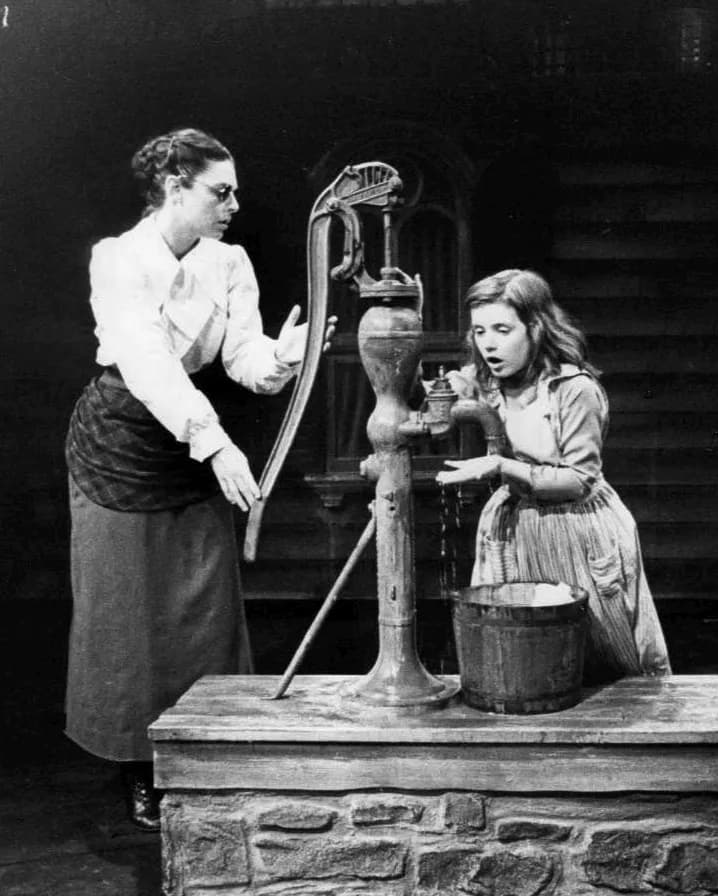 Patty Duke - Photo of Anne Bancroft as Annie Sullivan and Patty Duke as Helen Keller in the broadway play The Miracle Worker. In this scene, Miss Sullivan tries to teach Helen the meaning of "water".