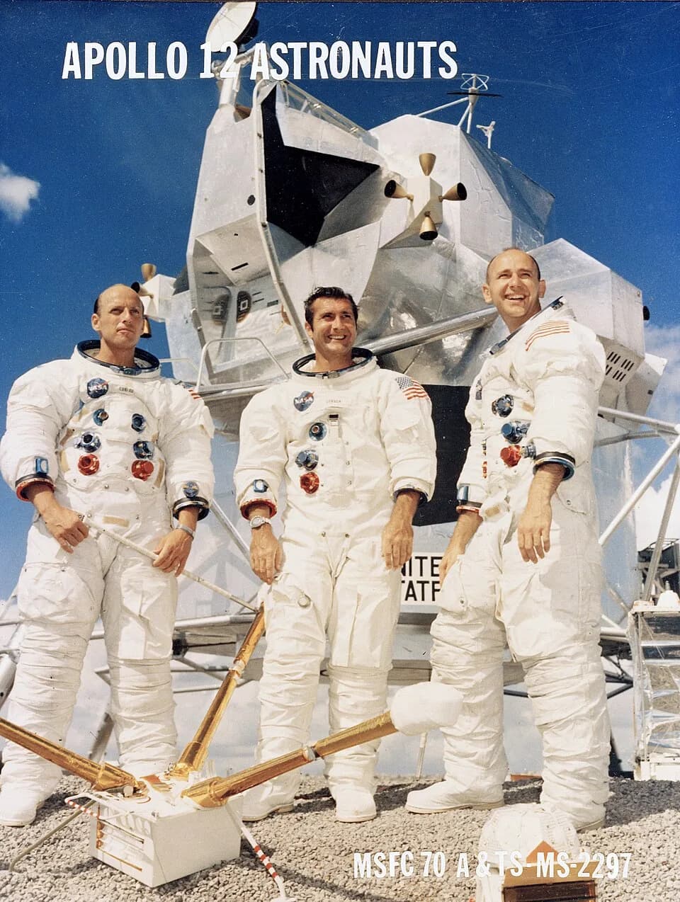 Pete Conrad - The Apollo 12 three-man crew pictured left to right are: Astronauts Charles Conrad, Spacecraft Commander; Richard F. Gordon, pilot of the Command Module `Yankee Clipper'; and Alan L. Bea