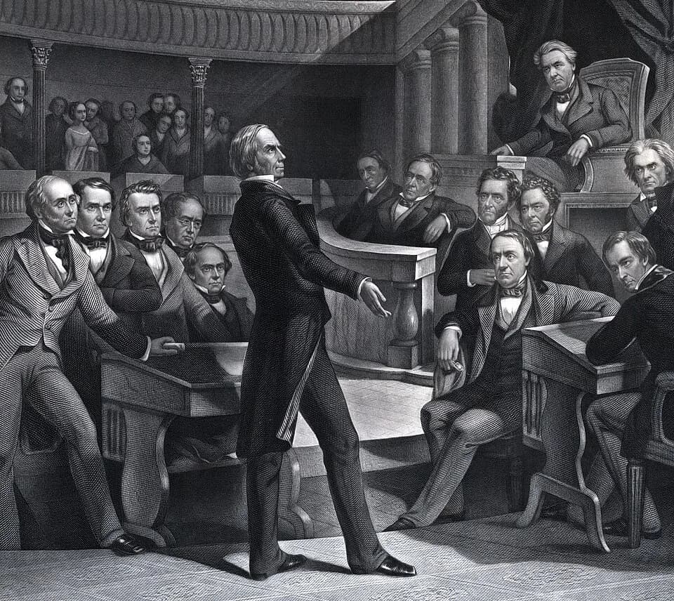 William R. King - Henry Clay addressing the U.S. Senate, Daniel Webster is seated to the left of Clay, John C. Calhoun is to the left of the Speaker's chair