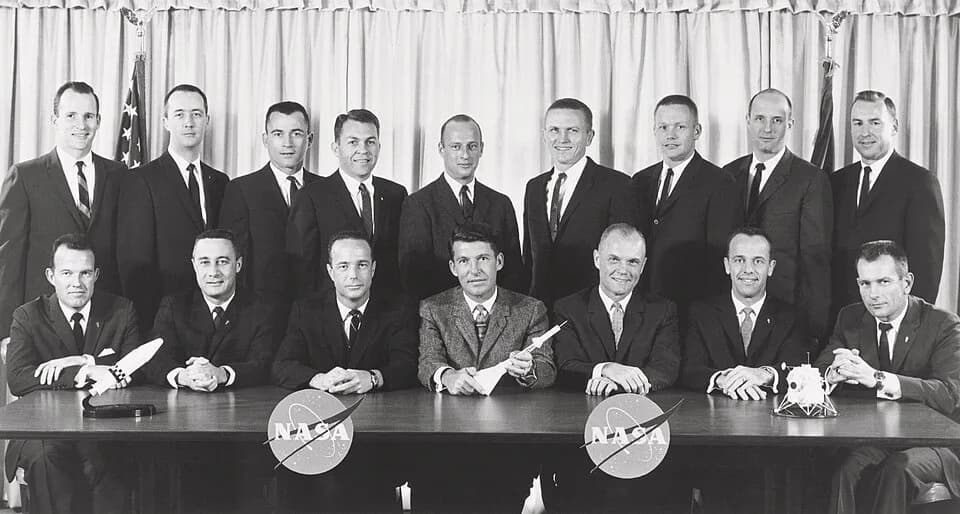 John Young - Astronaut Groups 1 and 2. The original seven Mercury astronauts selected by NASA in April 1959, are seated (left to right): L. Gordon Cooper Jr., Virgil I. Grissom, M. Scott Carpenter, Wa