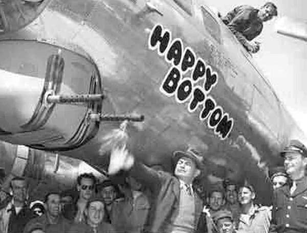 Edward G. Robinson - Boeing B-17G-55-BO Fortress 42-102664 "Happy Bottom" with Edward G Robinson at Ridgewell Airfield, England, 1944.