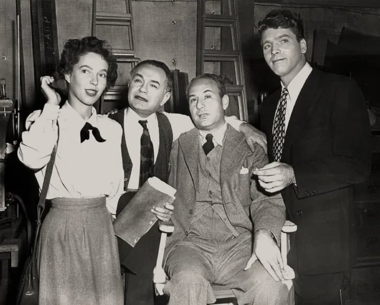 Edward G. Robinson - L. to R. : Louisa Horton, Edward G. Robinson, Chester Erskine (producer) &amp; Burt Lancaster on the set of All My Sons (1948) - publicity still.