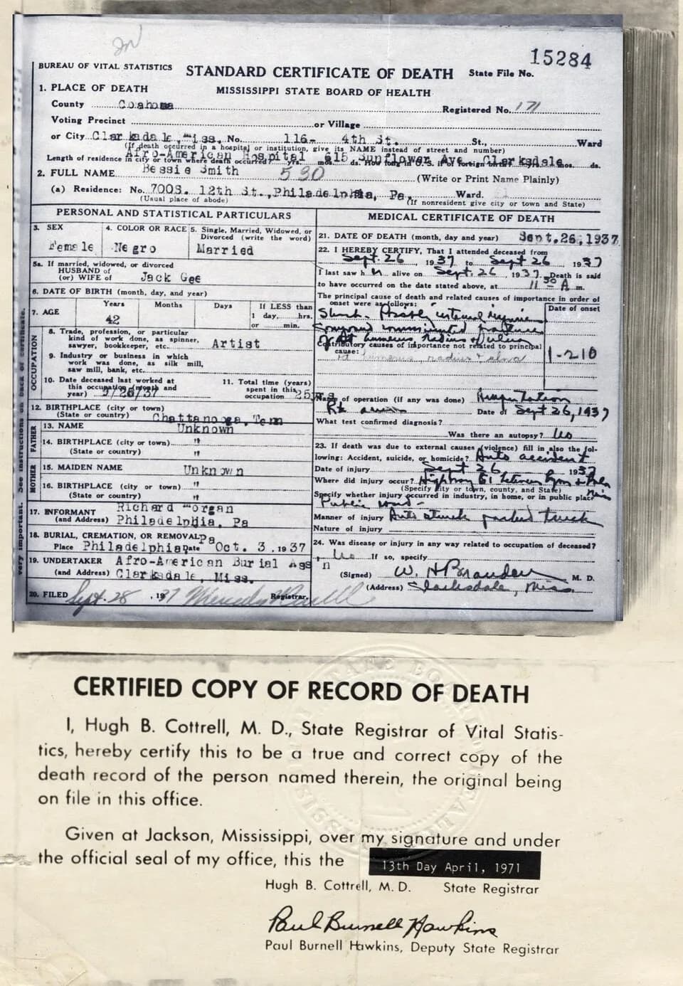 Bessie Smith - Bessie Smith official death certificate issued by state of Mississippi