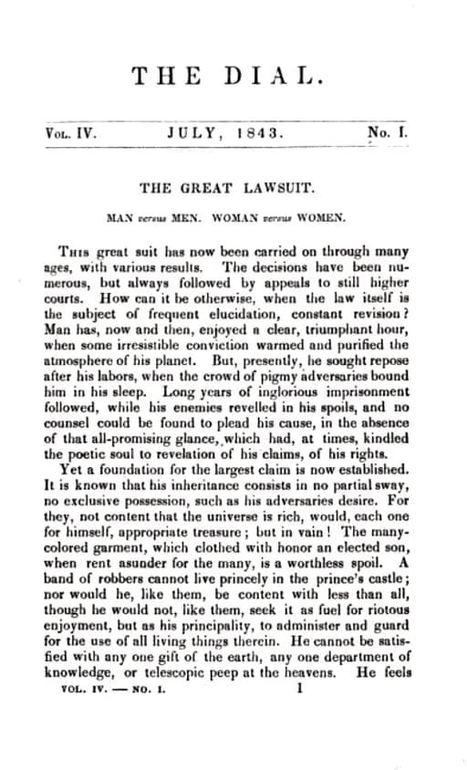 Margaret Fuller - First page of "The Great Lawsuit" by Margaret Fuller. From the first page of the July 1843 issue of The Dial. Adjusted for clarity, removed stray markings and watermark from Google.