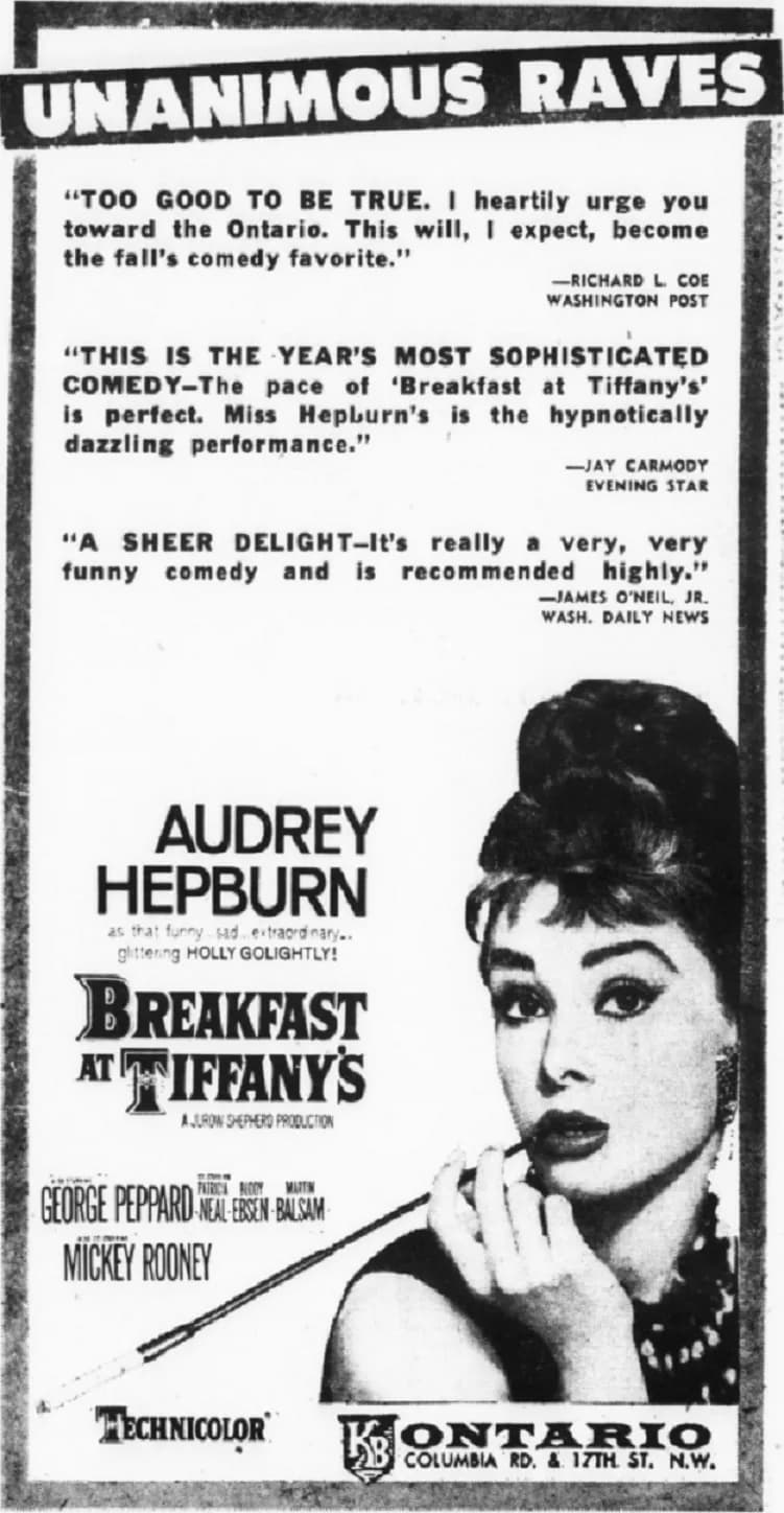 Blake Edwards - Ontario Theatre advertisement for the film, Breakfast at Tiffany's. 20 October 1961.