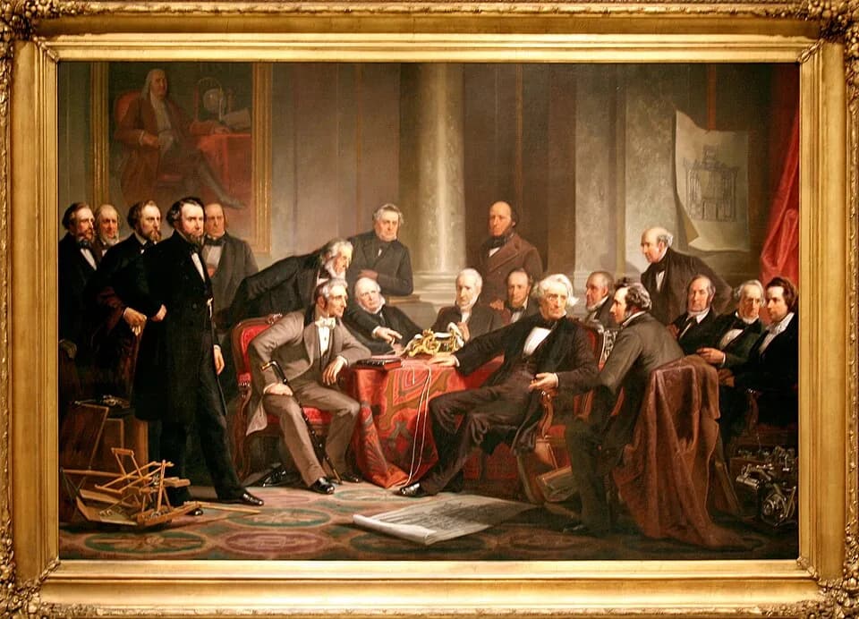 Charles Goodyear - Oil on canvas portrait entitled Men of Progress; original size without frame 128.3×190.5 cm. From left to right: William Thomas Green Morton, James Bogardus, Samuel Colt, Cyrus Hall