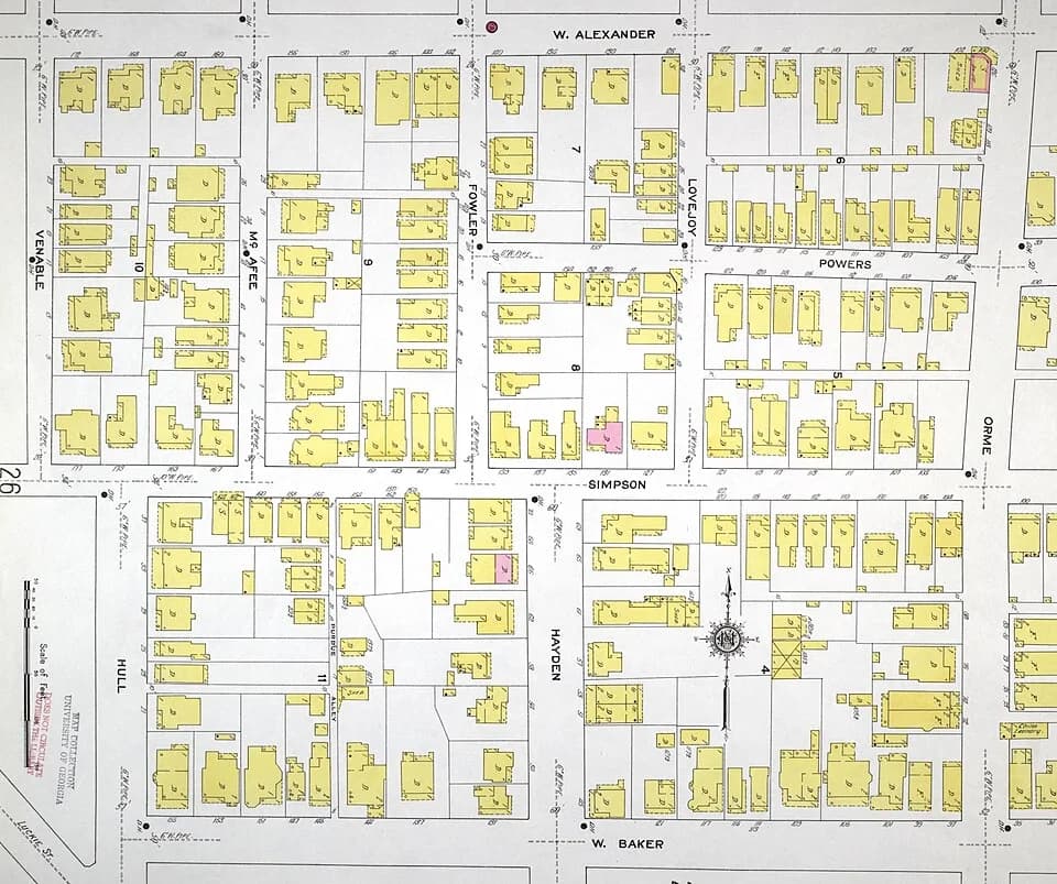 John Pemberton - Sanborn Fire Map of Atlanta, 1911, section 1, map 27. Shows all but the westernmost section of what is today Pemberton Place, bounded by Baker, Luckie, Ivan Allen (then Alexander), an