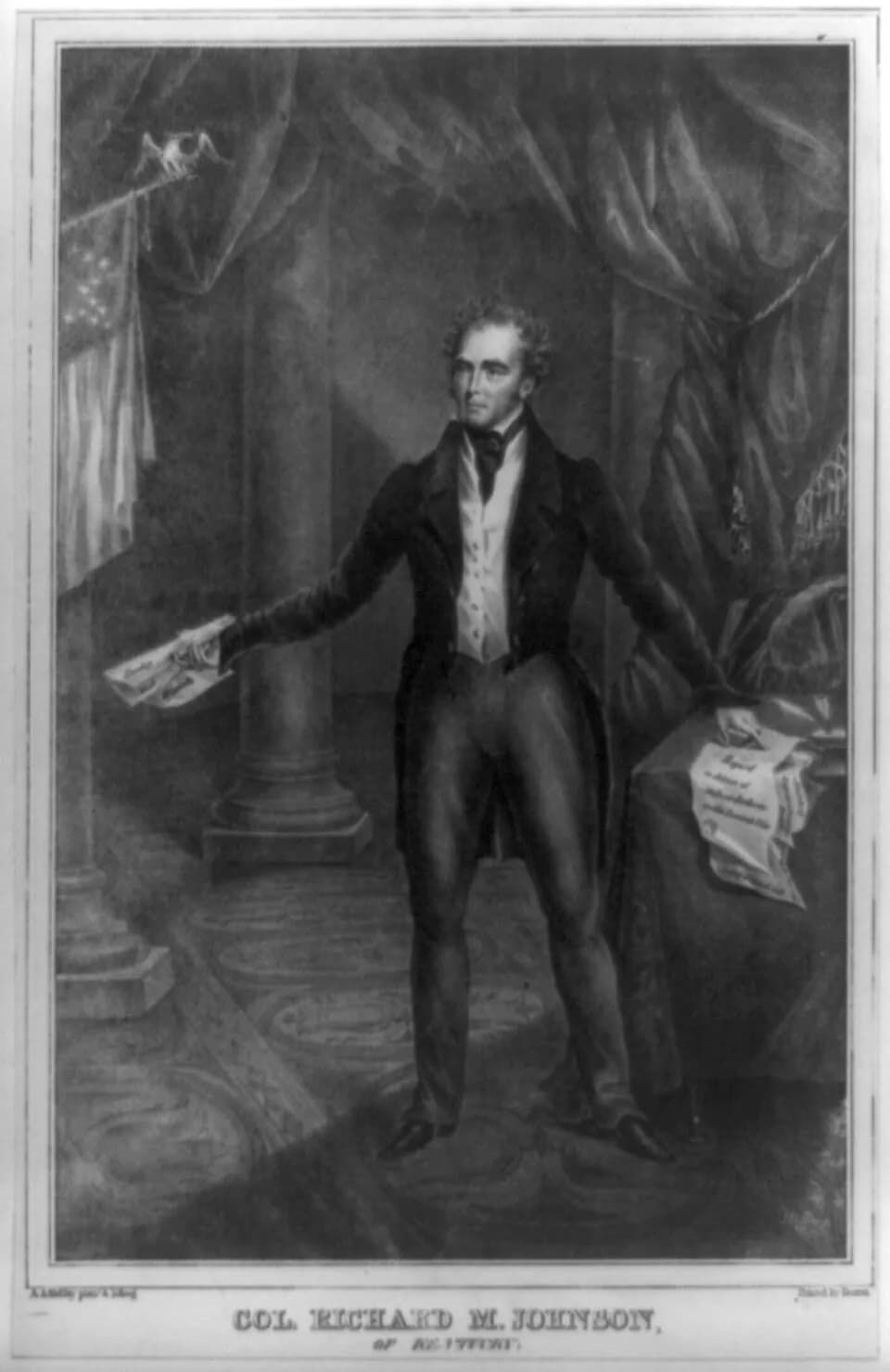 Richard Mentor Johnson - Portrait of Representative from Kentucky Richard M. Johnson, standing in a rhetorical pose and holding documents "Sunday Mail Reports" in his right hand. These refer to his im