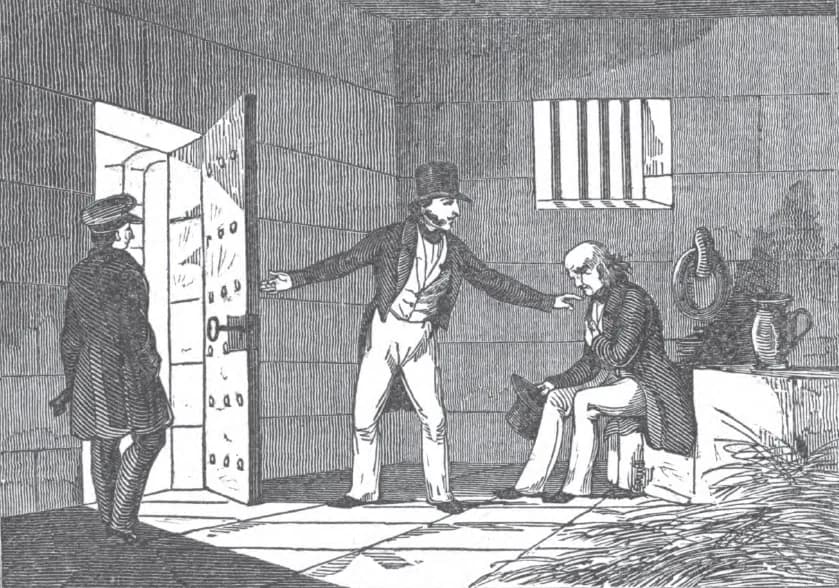 Richard Mentor Johnson - Sketch of Richard Mentor Johnson freeing a man from debtors' prison. Johnson was an advocate of ending the practice of debt imprisonment throughout his political career.