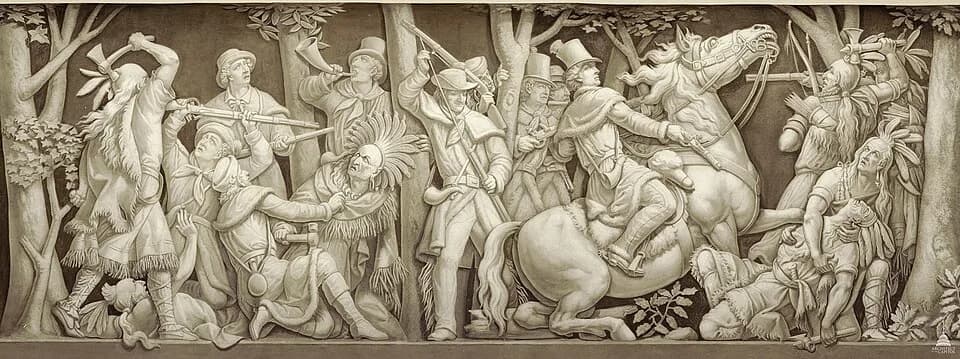 Richard Mentor Johnson - Tecumseh, a brilliant Indian chief, warrior, and orator, is shown being fatally shot by Colonel Johnson at the Battle of the Thames in Upper Canada during the War of 1812. Tec