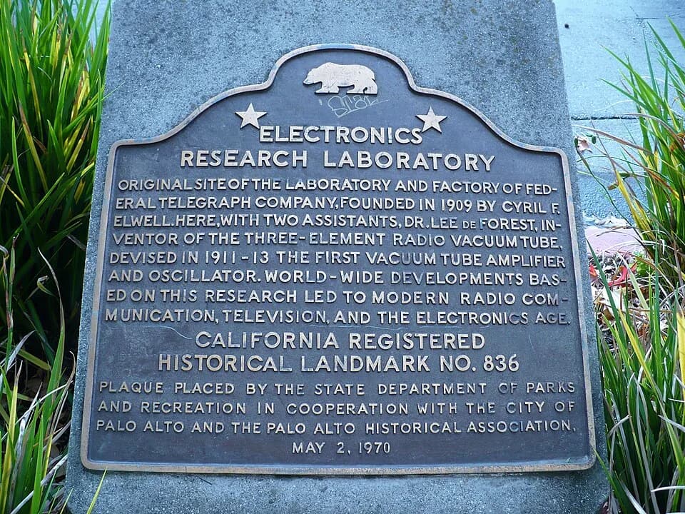 Lee de Forest - Photo of California Historical Landmark No. 836, plaque for Electronics Research Laboratory, Federal Telegraph Company. Located  at the eastern corner of Channing St. and Emerson Ave. 