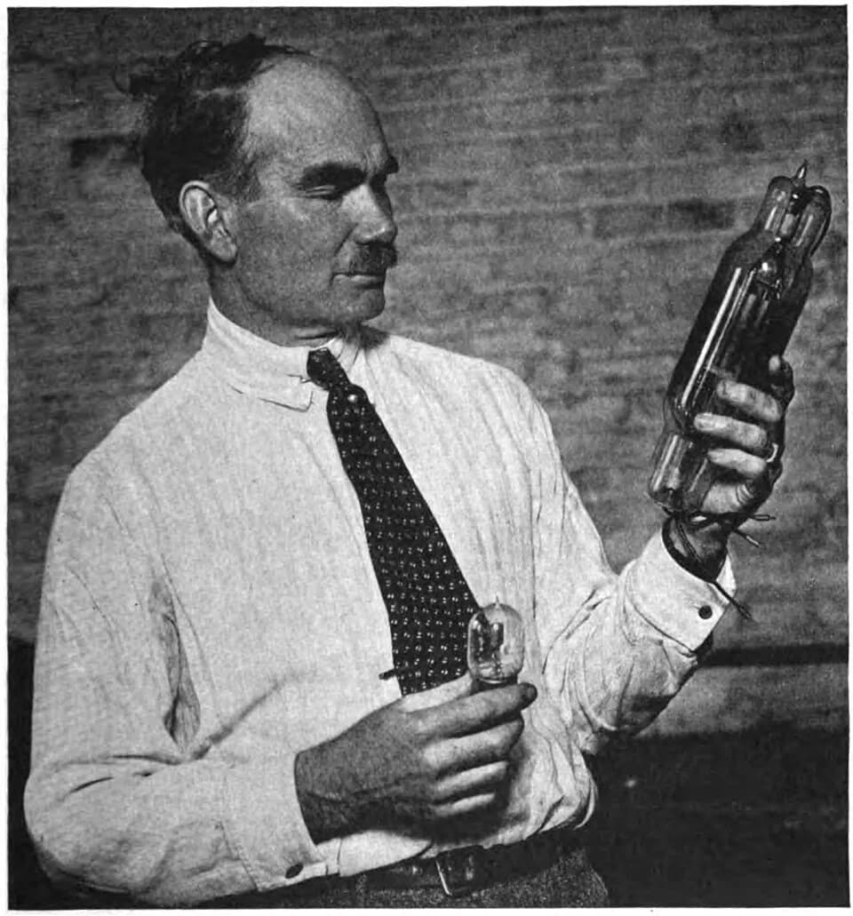 Lee de Forest - American electrical engineer Lee De Forest, the inventor of the triode vacuum tube, with two of his tubes.  De Forest's three electrode tube, which he invented in 1906 and called the "
