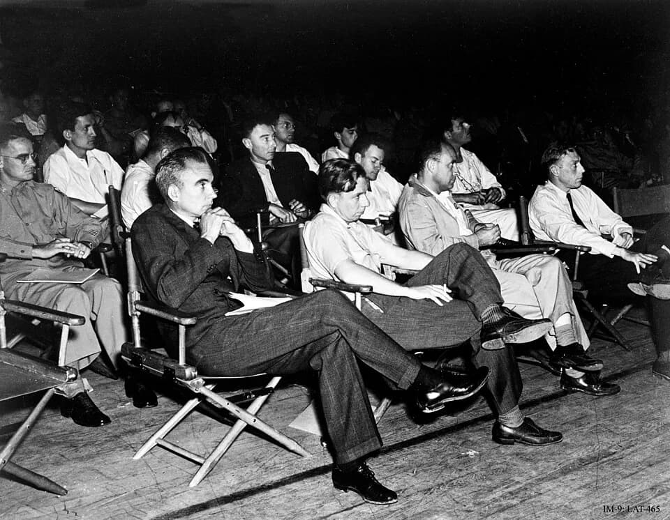 Richard Feynman - Photograph of the 1946 colloquium on the Super at Los Alamos. 
Front row left to right: Norris Bradbury, John Manley, Enrico Fermi and J.M.B. Kellogg.
Second row left to right: Colon