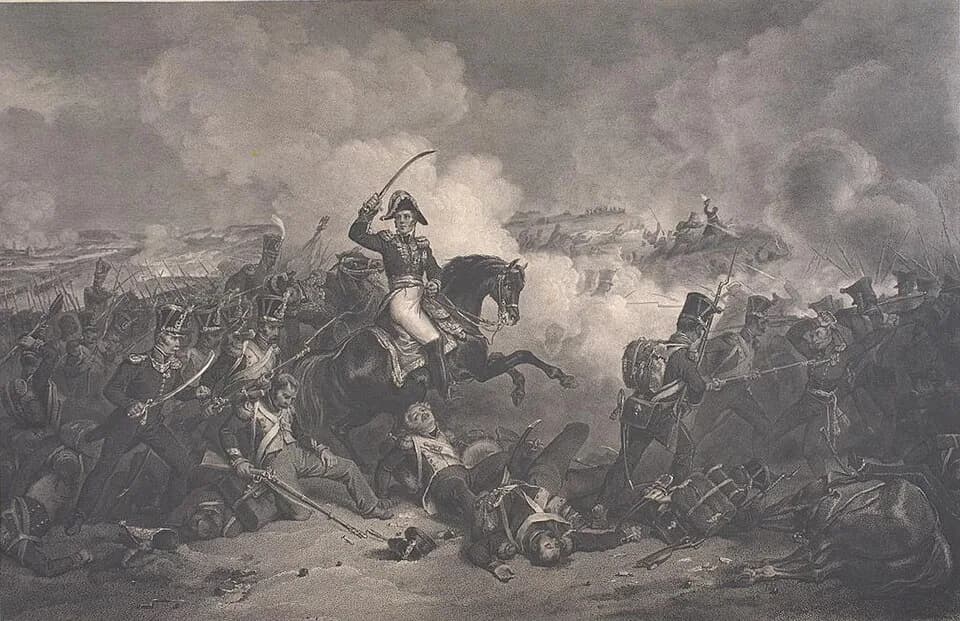 Michel Ney - The battle of the Moskowa. Ney on horseback with sword drawn, leads the charge. Engraving by original work of  Langlois, Jean-Charles.