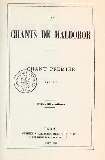 Comte de Lautréamont - Couverture de l'édition originale du PREMIER CHANT des Chants de Maldoror, publié anonymement par Isidore Ducasse en août 1868 à Paris chez l'imprimeur [Gustave] Balitout, Quest