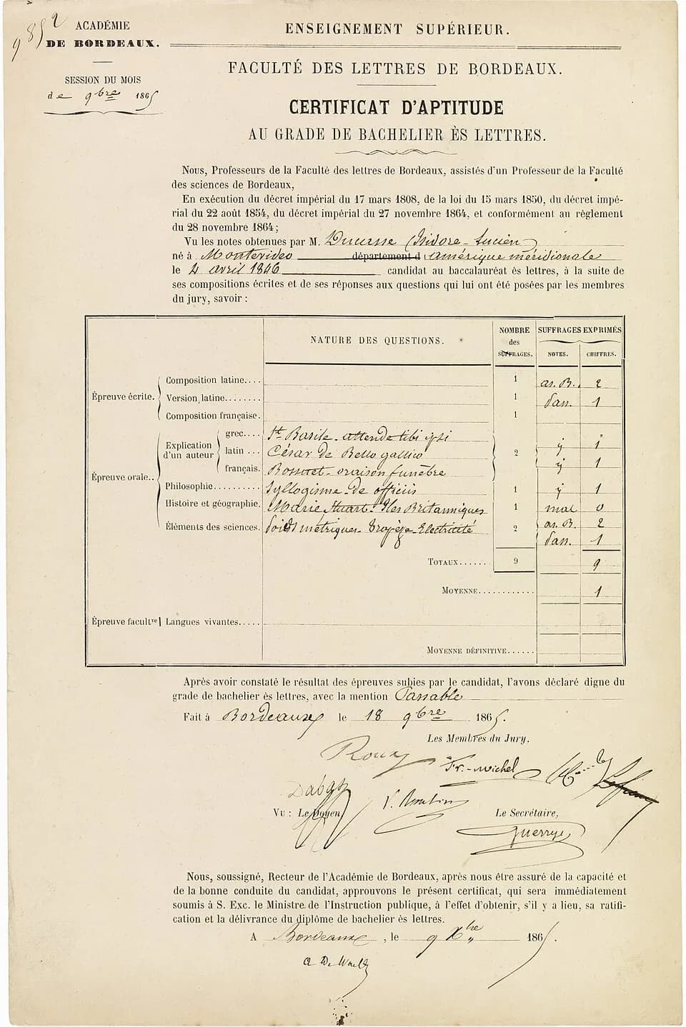 Comte de Lautréamont - Bachillerato de Isidore Ducasse, Burdeos, 1865 (Archivo nacional de Francia)