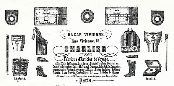 Comte de Lautréamont - Old business card for Charlier, articles de voyages located 15 rue Vivienne (Paris, France) during the 1860s.