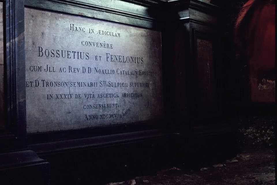 Jacques Bénigne Bossuet - Inscription in memory of Bossuet &amp; Fénelon debat about quietism, in Saint-Sulpice seminary, Issy-les-Moulineaux, France