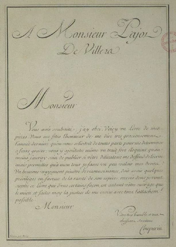 François Couperin - Dédicace gravée par Claude-Auguste Berey.