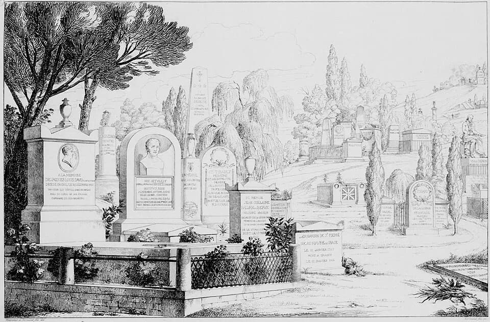 Jacques-Henri Bernardin de Saint-Pierre - Planche de Monuments funéraires choisis dans les cimetières de Paris.
« La vue pittoresque offerte sur notre frontispice doit être considérée comme une imitat