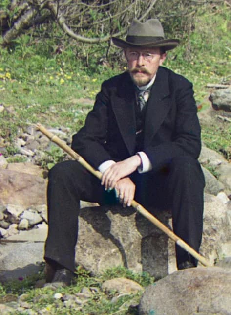 Sergei Prokudin-Gorskii - detail of the photograph "Po r. Karolitskhali" or "On the Karolitskhali River" showing Sergei Mikhailovich Prokudin-Gorskii as part of his work to document the Russian Empire