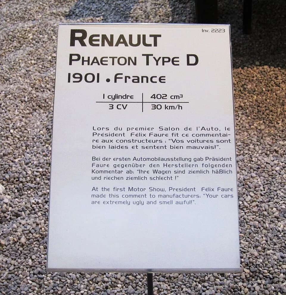 Félix Faure - Museum Label at French national auto museum quoting President Faure on cars