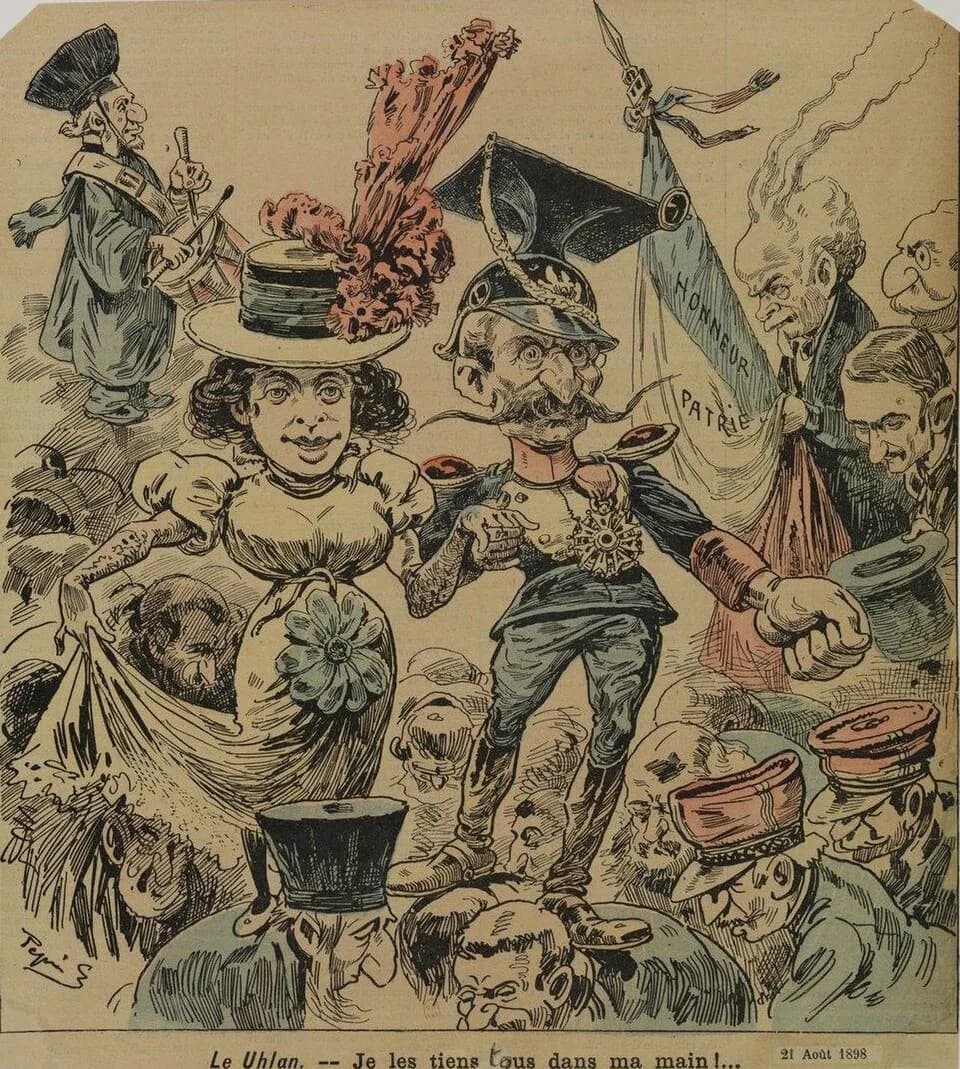 Félix Faure - Ferdinand Walsin Esterhazy caricaturé en uhlan par Pépin (Claude Guillaumin) dans Le Grelot, 21 août 1898. Légende : Le Uhlan - Je les tiens tous dans ma main !...