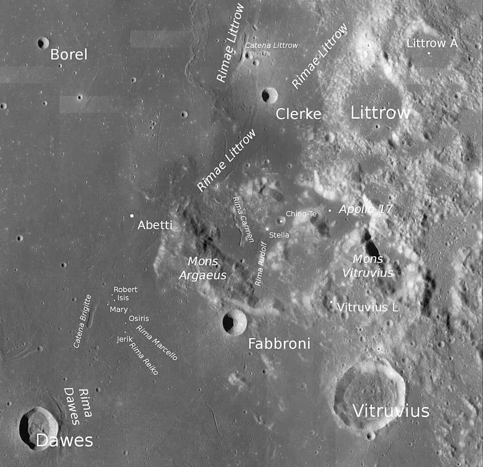 Émile Borel - Craters Littrow, Dawes and Vitruvius with Apollo 17 landing site (detail of LROC - WAC global moon mosaic)
