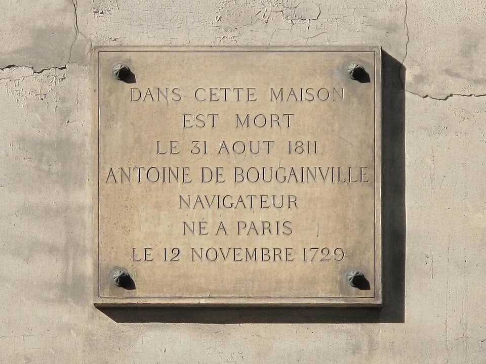 Louis-Antoine de Bougainville - Plaque on the building at No 5 Rue de la Banque, Paris 2nd, where the French explorer Antoine de Bougainville died in 1811.