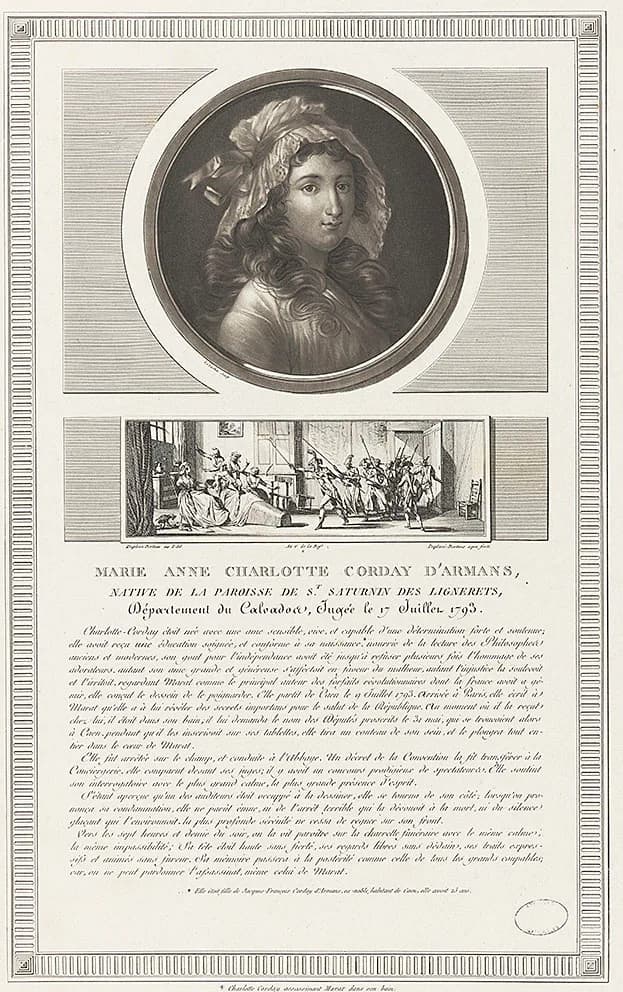 Charlotte Corday - Estampe représentant le portrait de Charlotte Corday et l'assassinat de Marat, avec un texte explicatif