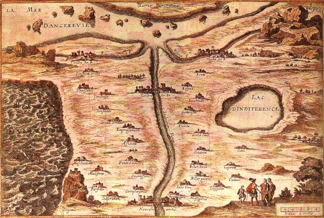 Madeleine de Scudéry - Allegorical map of the stages of love; starting near center top, one can go by way of the Reconaissance river (through the towns of Constante Amitié, Obeissance, Tendresse, Sens