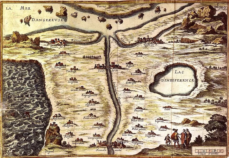 Madeleine de Scudéry - Allegorical map of the stages of love; starting near center top, one can go by way of the Reconaissance river (through the towns of Constante Amitié, Obéissance, Tendresse, Sens