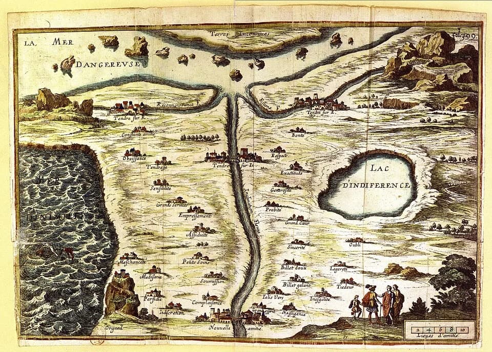 Madeleine de Scudéry - Allegorical map of the stages of love; starting near center top, one can go by way of the Reconaissance river (through the towns of Constante Amitié, Obeissance, Tendresse, Sens