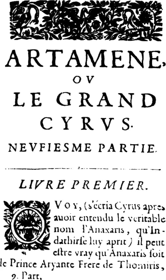 Madeleine de Scudéry - First page of Madeleine de Scudéry's Artamène ou le Grand Cyrus (1649-1653).
