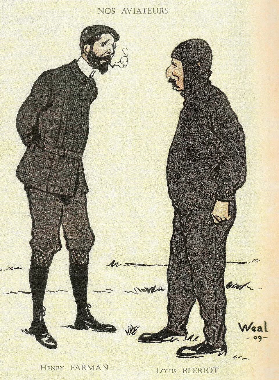 Louis Blériot - Louis Blériot et Henri Farman caricature de Weal en 1909.