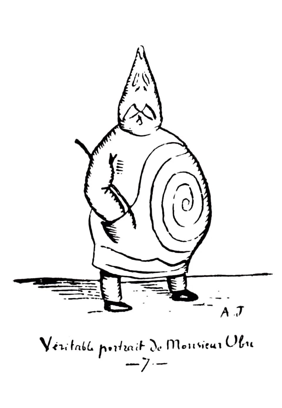 Alfred Jarry - « Véritable portrait de monsieur Ubu », dessin à la plume de 10 cm de haut, publié dans Claude Terrasse, Alfred Jarry, Ubu roi, texte et musique. Fac-similé autographique, Paris, Mercur