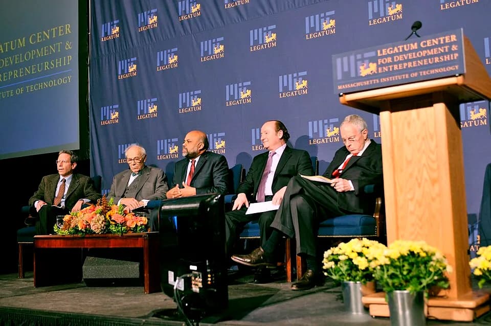 Lawrence Klein - Five Nobel Laureates in Economics graced the inauguration of the Legatum Center in 2008. There was a panel discussion moderated by Quadir that involved four laureates. From left to ri