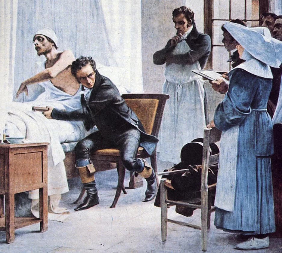 René Laennec - "Laënnec à l'hôpital Necker ausculte un phtisique devant ses élèves (1816)" ("Laennec examines a consumptive patient with a stethoscope in front of his students at the Necker Hospital")