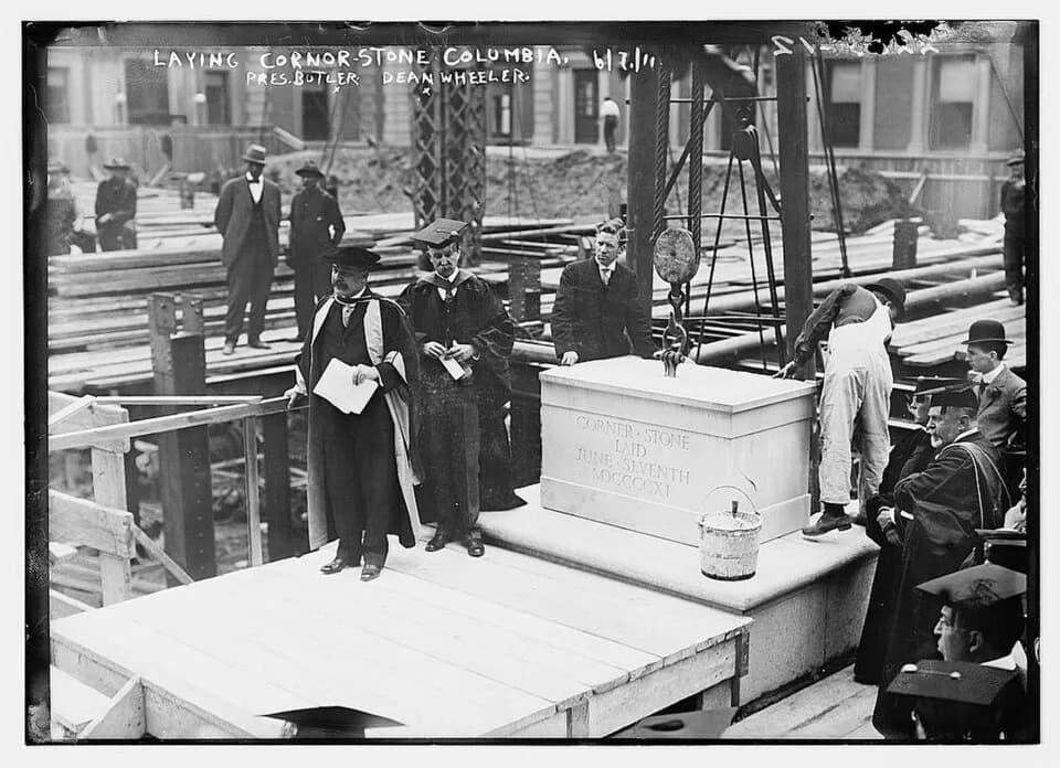 Nicholas Murray Butler - Title: Laying cornor [i.e., corner] stone, Columbia. Pres. Butler &amp; Dean Wheeler
Photo shows Nicholas Murray Butler (1862-1947), President of Columbia; and Dean James Rign